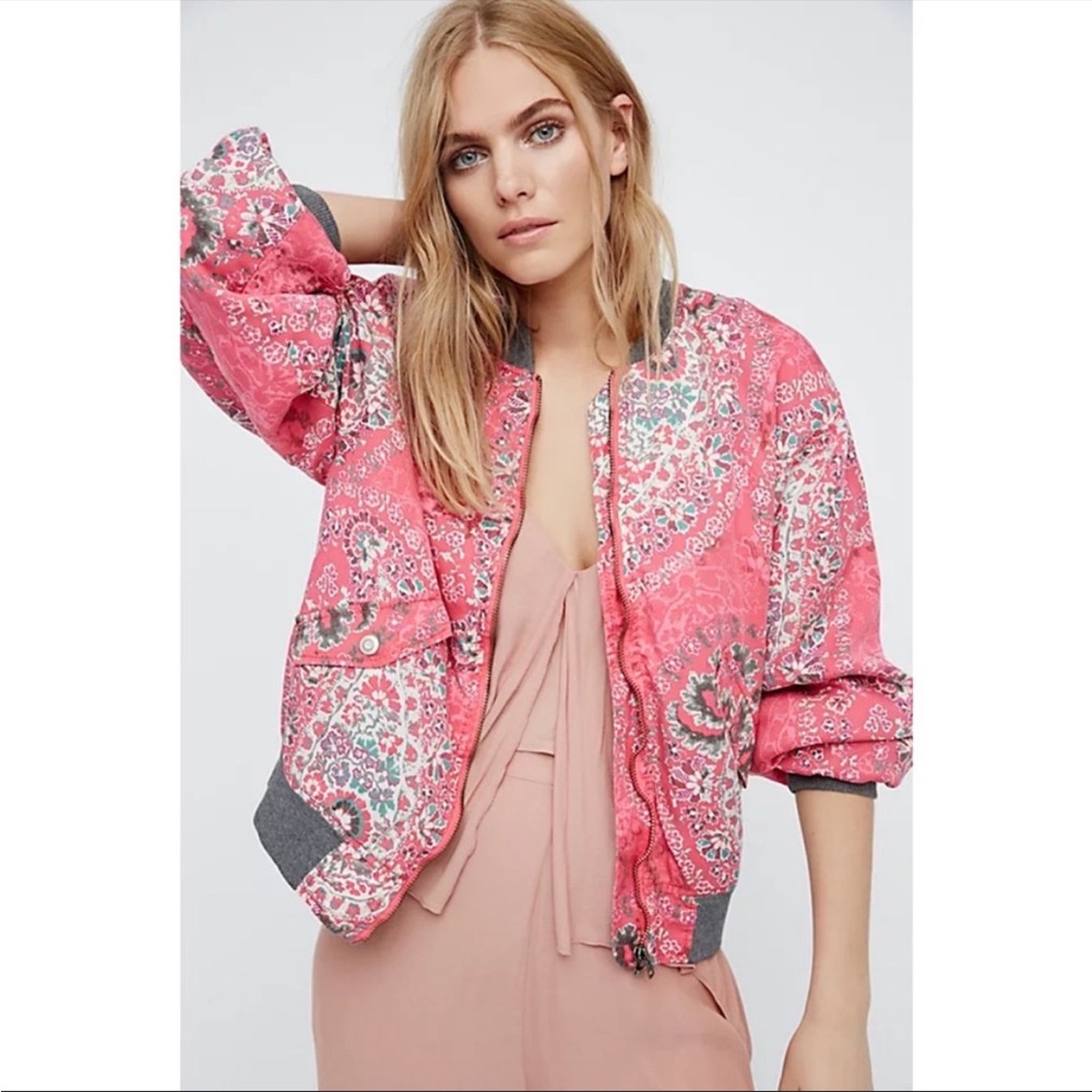 Free People Boho Pink Floral Quilted Bomber Jacket XS